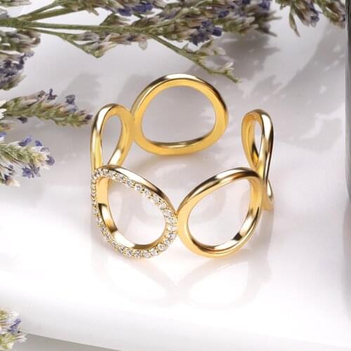 2021 Rings for Women Geometric Round Zircon Open Charm Ring Punk Couple Vintage Gold Color Stainless Steel Wedding Jewelry Gift