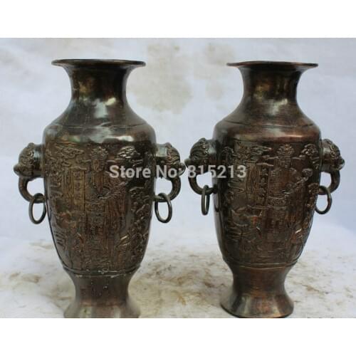 Bi001042 12" Marked Chinese Palace Bronze Mammon Money handle blossom Bottle Vase pair