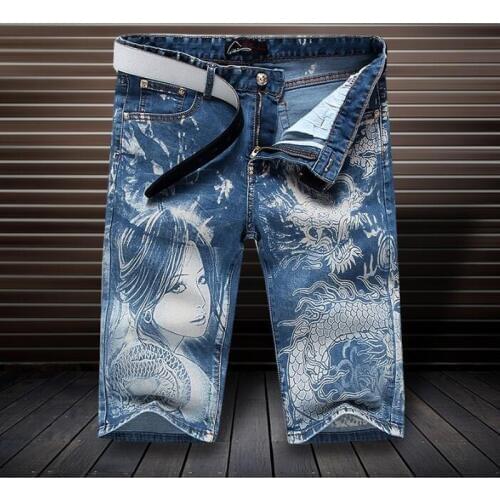 New style Summer Denim Trousers Casual Jeans Mens Coloured Drawing Knee Length Boys SHORTS Bottoms Men printing Five Pants