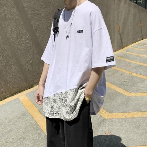 Oversized T Shirt for Men Flower Stitched Short Sleeve O Neck Korean Harajuku Retro Hip Pop Vintage Loose Casual Cotton Tops