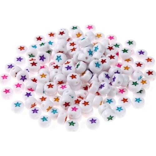 Julie Wang 100pcs 7mm Acrylic White Round Beads Random Color Star Spacer Bead Bracelet Jewelry Making Accessory
