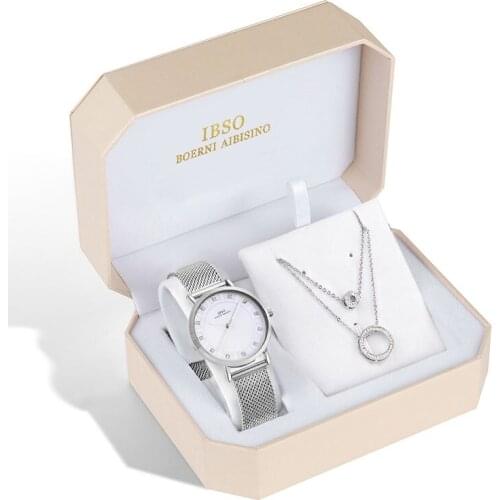 Ibso Brand Women Watch Set Silver Necklace Quartz Watch Set Female Jewelry Set Fashion Creative Crystal Quartz Watch Ladys Gift