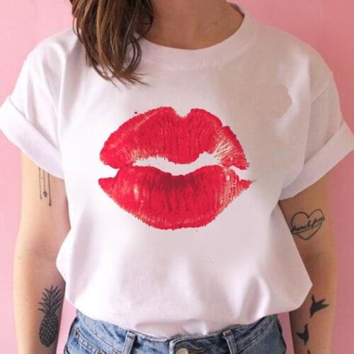 Summer Top Tee Big Red Mouth Lip Kiss Kiss Printed Lady O-Neck T-shirt Funny Graphic T-shirt clothing femme t-shirt