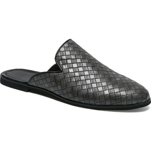 Fashion Men Half Loafers Pu Leather Slipper Weaving Loafer Slides Breathable Mules Outdoor Lightweight Casual Shoes