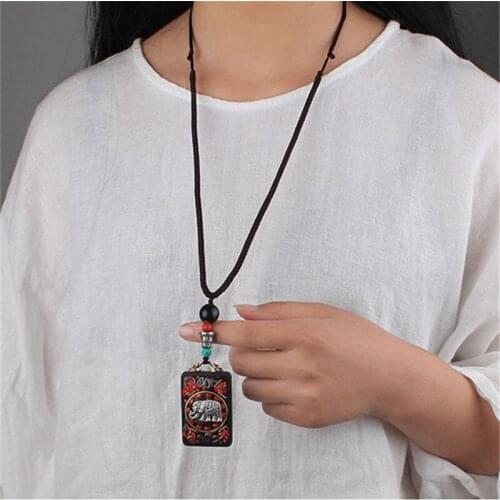 Fashion vintage Ancient Nepal Thangka Buddha statue god ebony Elephant pendant necklace exotic for men and women sweater chain