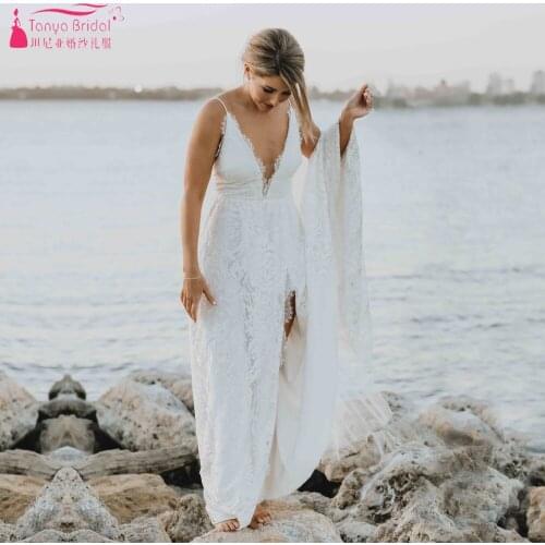 N-Neck Lace Wedding Dresses high Split Boho Bridal Gows Sexy Backless Beach Vestido De Noivas ZW450