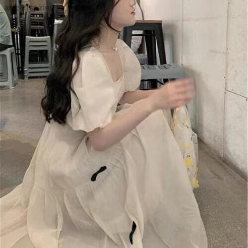 2021 Summer New Dress Gentle Waist Was Thin and Long Section Was Thin Sweet Bow Puff Sleeve Princess Dress Square Collar