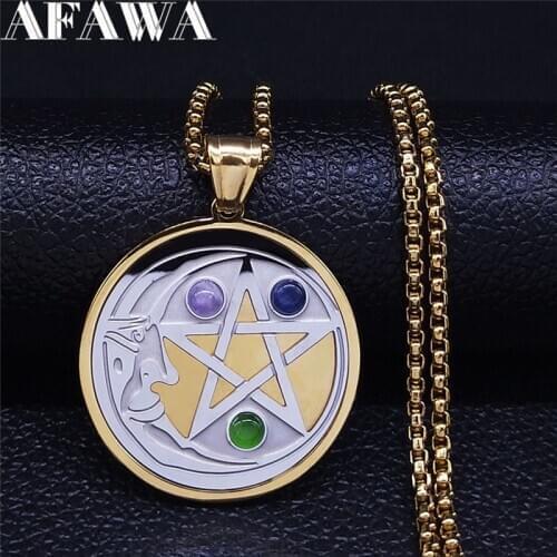 AFAWA Witchcraft Pentagram Moon Natural Stone Stainless Steel Necklace Women/Men Gold Color Necklaces Jewelry colier femme NXS02