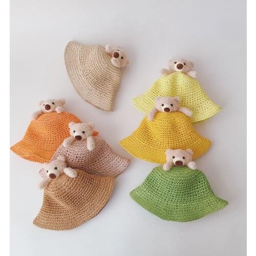 2021 New Summer Kids Boys Girls Straw Hats Cute Cartoon Bear Fisherman Hat Panama Beach Children Basin Cap 2-3-4-5 Years