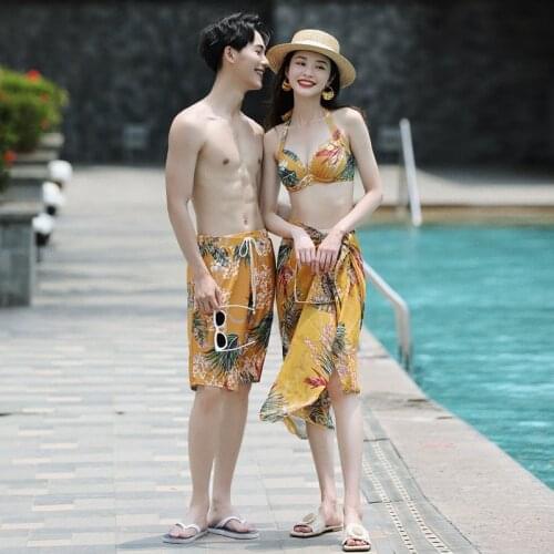 Matching Couple Swimsuit Men Swim Shorts & Women Skirt