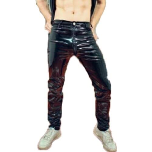 Plus Size Men Sexy Wetlook Leggings Leather Zipper Open Crotch Exotic Pants Catsuit PVC Clubwear Costume Gay Fetish Trousers