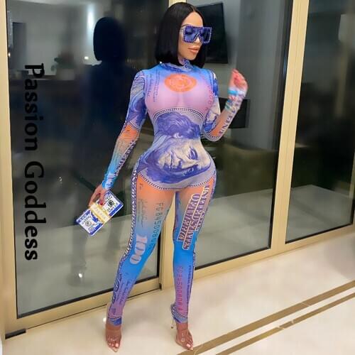 Sexy Women US Dollar Money Printed Jumpsuit Skinny Rompers Long Sleeve Bodycon Overalls Perspective Mesh Party Womens Jumpsuits