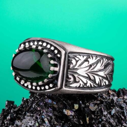 Silver Men Green Zircon Gemstone Ring King Design Ring Handmade Men Jewelery Vintage Silver Acceessory