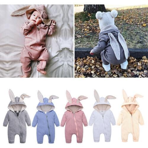 Infant Baby Warm Jumpsuit Autumn Winter Rabbit Ears Romper Long Sleeve Bodysuit Bunny Ears Zip Overalls Boys Grisl Clothes