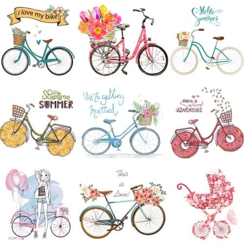 Beautiful Bike Heat Vinyl Transfer For Clothing Iron On Flower Butterfly Transfers For Clothes Applique Stickers For DIY T-shirt