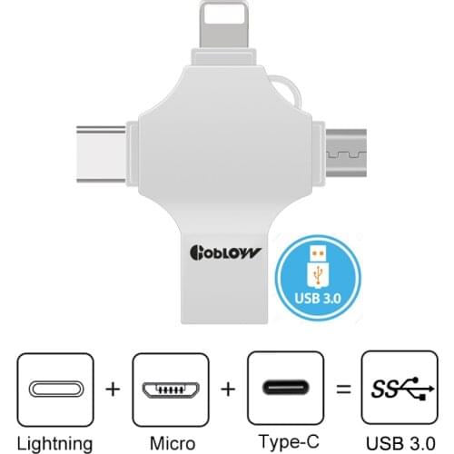 4 in 1 Usb 3.0 Flash 8gb 16gb 32gb 64gb 128gb 256gb Pendrive OTG Type-C DIY LOGO micro USB otg Memory Stick for iphone ios phone