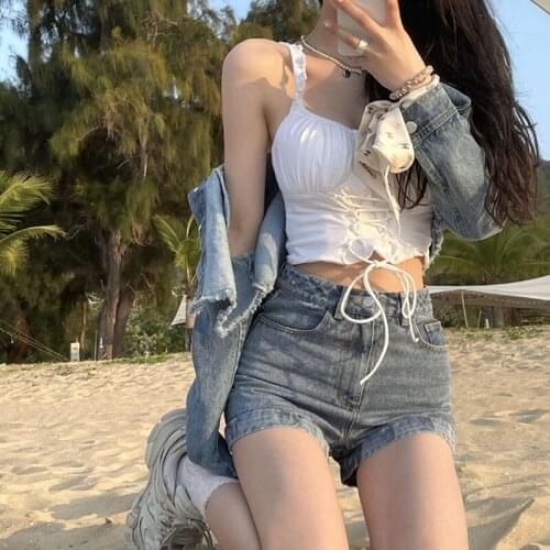 Japanese Korean Summer Lolita Vest Soft Girl Cute Slim WomenS Sleeveless Sling Tshirt Sweet Elegant Bandage Short Tank Tops Tee