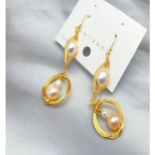 Jewelry 100% Natural freshwater Pearl Irregular Earring 925 sterling Silver hook drop Hand woven 14k Note gold pair