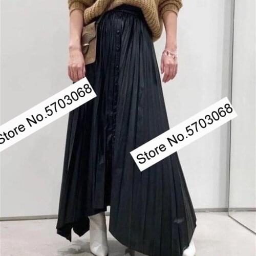 Elfstyle 2020 Autumn/Winter New Style Irregular Breasted Faux Pu Leather Pleated Womens Skirt