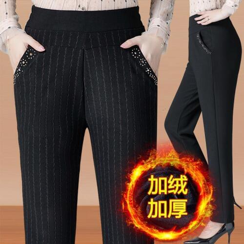 Women Winter Warm Plaid Pants High Waist Streetwear Full Length Plus Velvet Straight Pants Mother Clothing Plus Size 6XL W1781