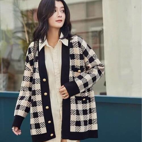 2020 Autumn Winter Women New Loose Single Breasted Versatile Long Sleeve Panelled Plaid Top Knitted Cardigan Sweater C620