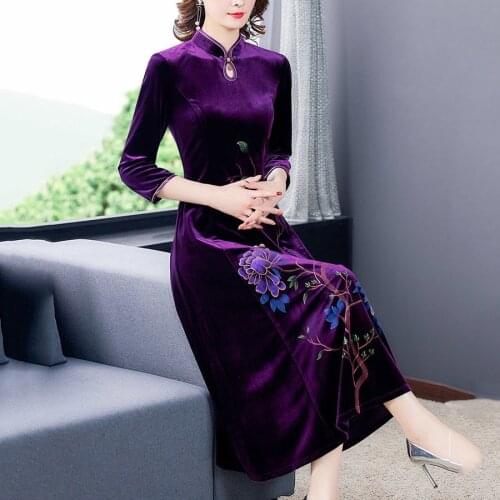 Spring Fall Chines Style Woman Purple Wine Red Balck Floral Prattern Velvet Qipao Dress , 4xll 5xl Cheongsam Dresses for Woman