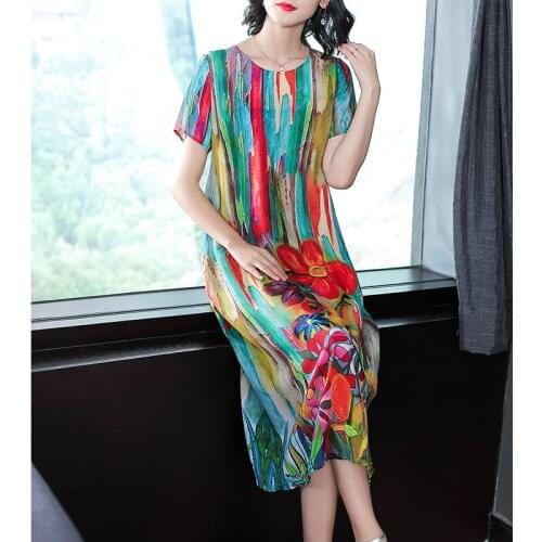 Glam Colorful Floral Dress Summer Style Short Sleeved Fashion Vestidos Mujer Casual Flowers Faux Silk Dresses Lady Elegant