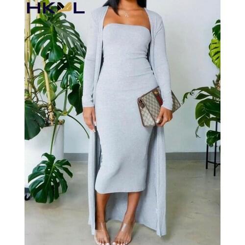 5 Colors Spring Autumn Solid Tube Corset Midi Long Bodycon Dress Women Tight Dress With Long Sleeve Longline Coat Two Piece Sets