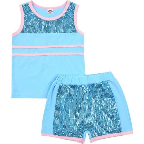 2021 2-7Y Fashion Kids Girls Boys Clothing Summer Blue Sequins Striped Matching Round Collar Sleeveless Top+Shorts Tracksuit