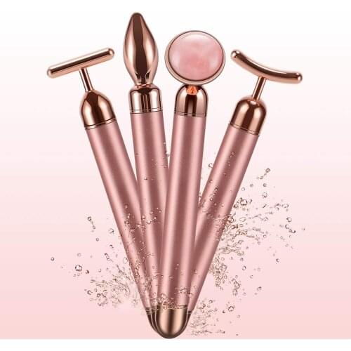 4 in 1 Vibrating Rose Quartz Roller Face Roller Eye Massager Jade Roller T/V Shaped Face Lifting Slimming Beauty Bar Massager
