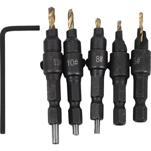 5Pcs #5 #6 #8 #10 #12 HSS Countersink Drill Bit Set Quick Change Hex Shank Screw
