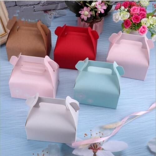 5pcs Small Paper Cake Box With Handle Kraft Cardboard Wedding Cupcake Packaging Boxes 11.5*8*8cm