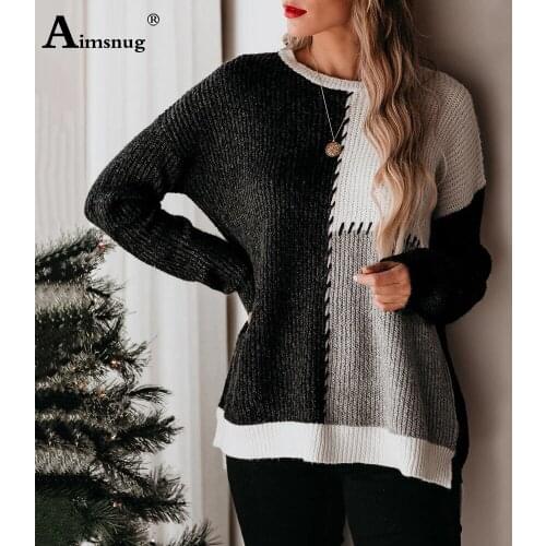 Aumsnug Ladies Elegant Leisure Casual Sweater Womens Top Long Sleeve Patchwork Color Pullovers Knitted Sweaters Femme Clothes