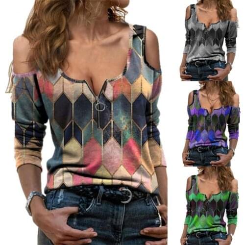 Women Fashion T-shirt Cotton Blend V-neck Off Shoulder Sexy Tops Ladies Casual Loose Printing T-shirt Blouse Outdoor Streetwear