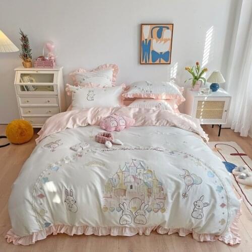 Cute White Cartoon Rabbit Castle Balloon Embroidery Egyptian Cotton Girl Bedding Set Double Duvet Cover Set Bed Linen Pillowcase