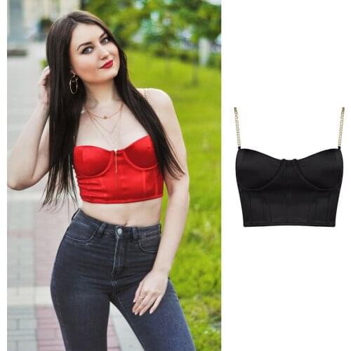 Summer Crop Top Women Sexy Bustier Top Blackless Chain Strap Padded Cropped Casual Satin Black Crop Tops Clothes 2020