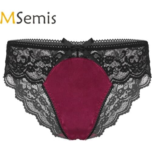 Mens See-through Floral Lace Lingerie Sissy Underwear Erotic Sexy Satin Patchwork Underpants Nightwear Low Waist Briefs Panties