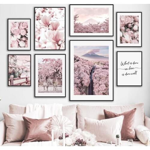 Mount Fuji Cherry Blossoms Deer Cat Wall Art Canvas Painting Nordic Posters And Prints Wall Pictures For Living Room Home Decor
