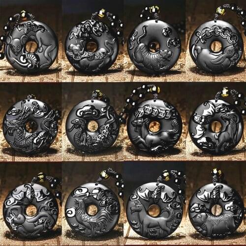 Natural Black Obsidian Chinese Zodiac Pendant Beads Necklace Fashion Charm Jewellery Carved Lucky Amulet Gifts for Her Women Men