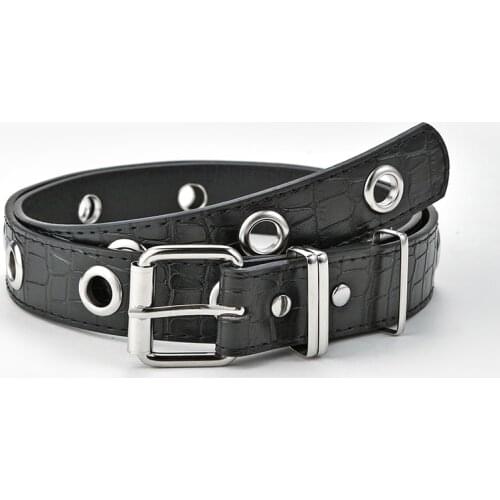 Ke Meiqi Ladies Casual Punk Full Hole Black Belt with Chain Decorative Eyelet Pin Buckle Belt Female Designer Belt Luxury Belt