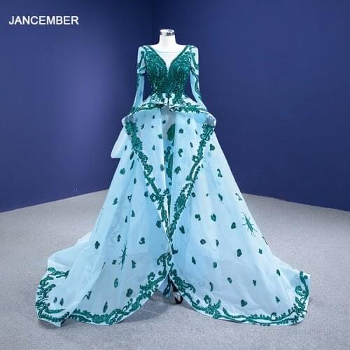 RSM67234 Lake Blue Evening Dress Long Sleeve V-neck Transparent Lace Elegant Gown Backless Pattern Banquet Party Host Event Gown