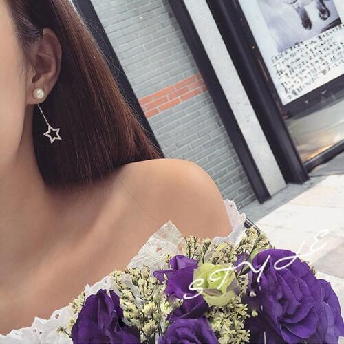 S925 Sterling Silver Accessories with Fashion Star Moon Asymmetrical Pearl Rear Hanging Earrings for Female Gifts Wholesale