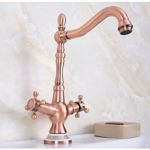 Swivel Spout Antique Red Copper Bathroom Faucet Deck Mounted Dual Handle Cold and Hot Water Taps Basin / Sink Faucets lnf621