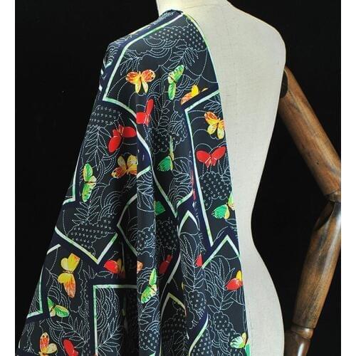 112CM Wide 19MM Geometry Floral Print Stretch Dark Blue Silk Fabric Good for Spring Summer Dress Skirt Shirt Pants J178
