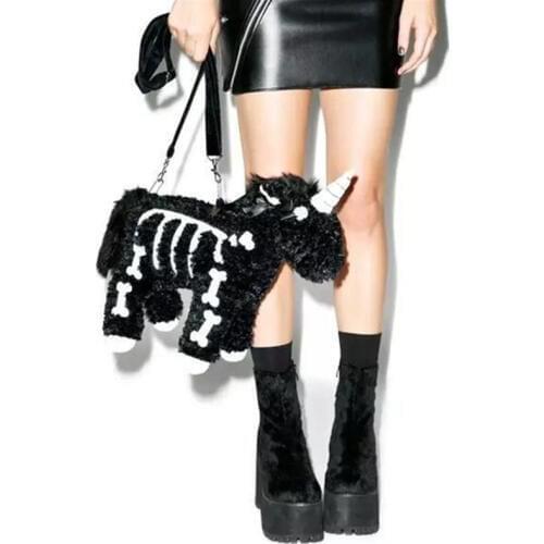Punk Girl Shoulder Bag Black Plush Unicorn Handbag Girl Lady Wallet Shoulder Messenger Purse Party Small Bags Chain Pouch Fur