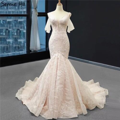 V-Neck Short Sleeves Latest Design Wedding Dresses 2019 Mermaid Handmade Flowers Bridal Gown Real Photo Serene Hill CHM66843