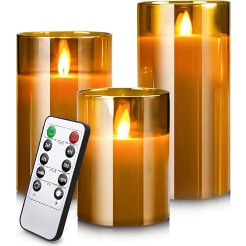Remote controlled Flameless Pillar Candles Paraffin Wax LED Tan Glass Candle Set 2/4/6/8h Timer control Pack of 4/5/6 Inch-Amber