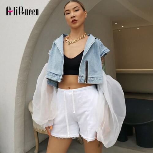 Korean Casual Patchwork Mesh Denim Jacket for Women Lapel Removable Lantern Long Sleeve Short Jackets Female Coats and Jackets