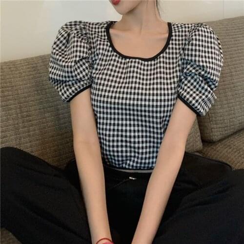 Korean Chic O Neck Puff Short Sleeve Women Blouses Vintage Plaid Crop Top Female Shirts Streetwear Sexy Elegant Blusas Mujer