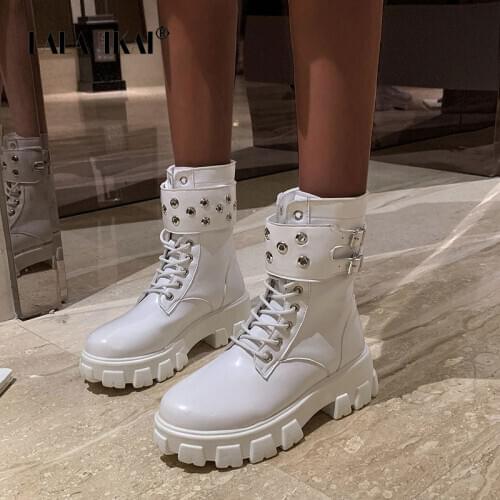LALA IKAI Boots Women’s Autumn Winter 2020 Thick bottom Ankle Boots High Heels Short Boots Belt Buckle Womens Booties C10472-5